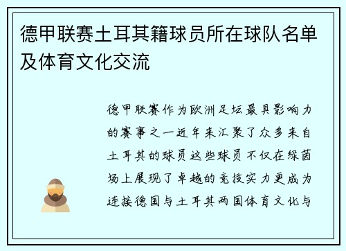 德甲联赛土耳其籍球员所在球队名单及体育文化交流